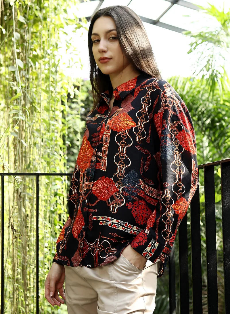 Pinacolada  Women's Crimson Red & Navy Blue Artistic-Block Print Oversized Shirt for Women | Best Price UAE