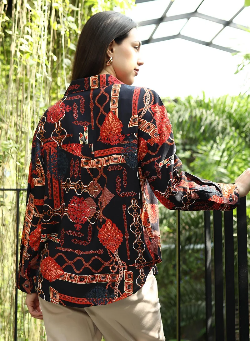 Pinacolada  Women's Crimson Red & Navy Blue Artistic-Block Print Oversized Shirt for Women | Best Price UAE