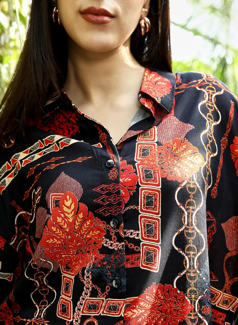 Pinacolada  Women's Crimson Red & Navy Blue Artistic-Block Print Oversized Shirt for Women | Best Price UAE
