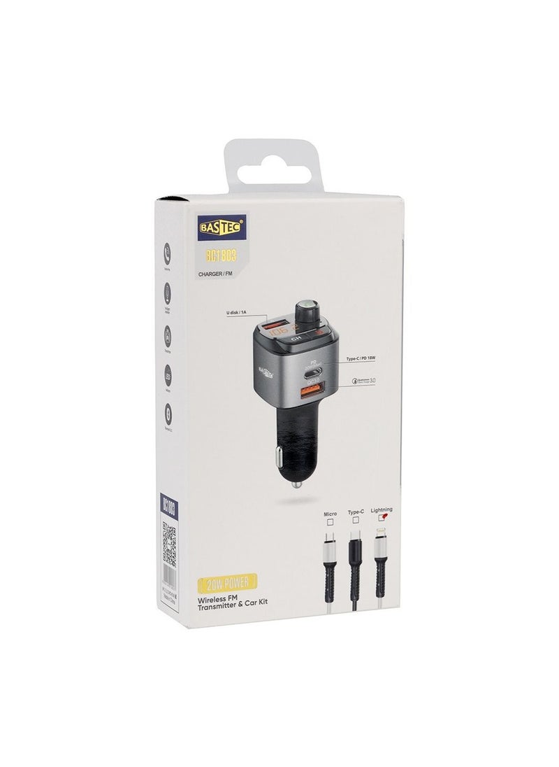 Bastec - BASTEC Car Charger with 2 USB and PD Ports with MP3 Audio Adapter - Image 1
