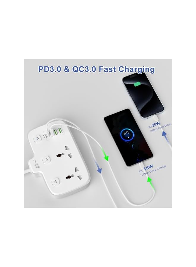 Hoteon Extension Board, Individual Switch Power Strip with 20W Fast PD/Type C, 2500W 10A Extension Cord with 2 Universal Socket, 1 QC3.0 Port & 2 USB-A, Surge Protection for Home - Image 5