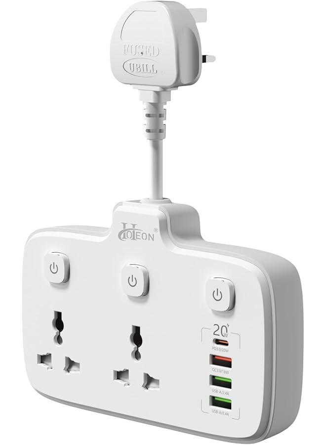 Hoteon Extension Board, Individual Switch Power Strip with 20W Fast PD/Type C, 2500W 10A Extension Cord with 2 Universal Socket, 1 QC3.0 Port & 2 USB-A, Surge Protection for Home - Image 1