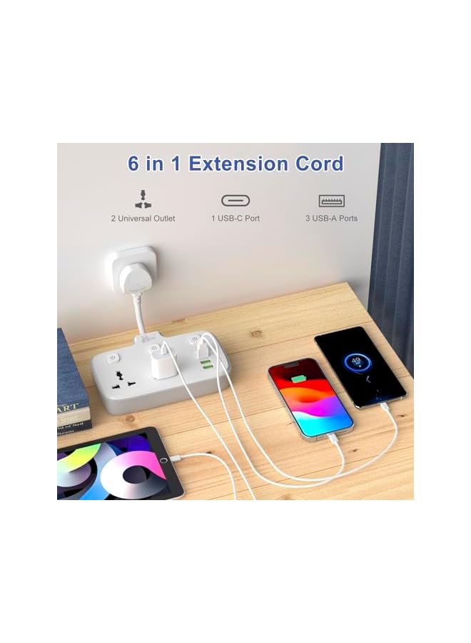 Hoteon Extension Board, Individual Switch Power Strip with 20W Fast PD/Type C, 2500W 10A Extension Cord with 2 Universal Socket, 1 QC3.0 Port & 2 USB-A, Surge Protection for Home - Image 3