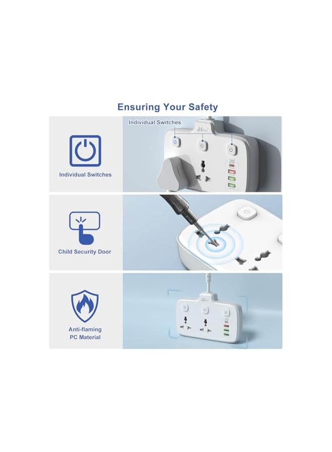 Hoteon Extension Board, Individual Switch Power Strip with 20W Fast PD/Type C, 2500W 10A Extension Cord with 2 Universal Socket, 1 QC3.0 Port & 2 USB-A, Surge Protection for Home - Image 4