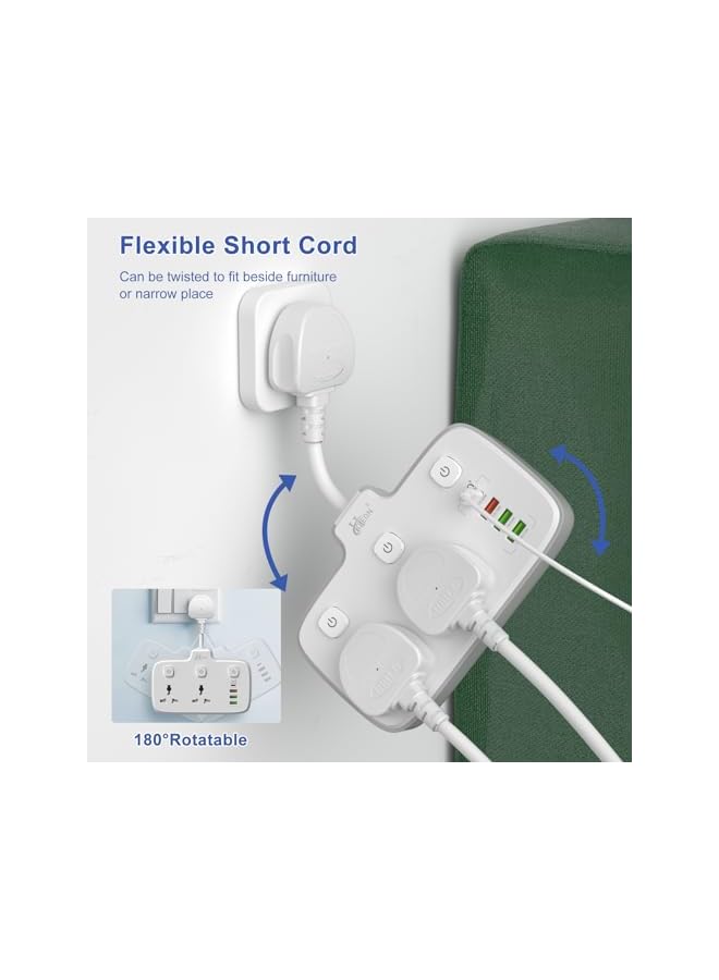 Hoteon Extension Board, Individual Switch Power Strip with 20W Fast PD/Type C, 2500W 10A Extension Cord with 2 Universal Socket, 1 QC3.0 Port & 2 USB-A, Surge Protection for Home - Image 2