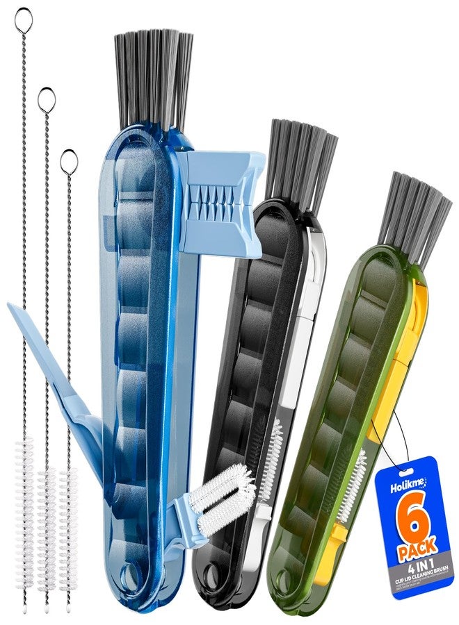 Holikme 6 Pack Holikme 4 in 1 Cup Lid Cleaning Brush Set with 3 Straws, Multifunctional Bottle Brush, Silicone Cup Lid Gap Cleaner, Durable Bristle Crevice Cleaning Brush, Multicolored - Image 1