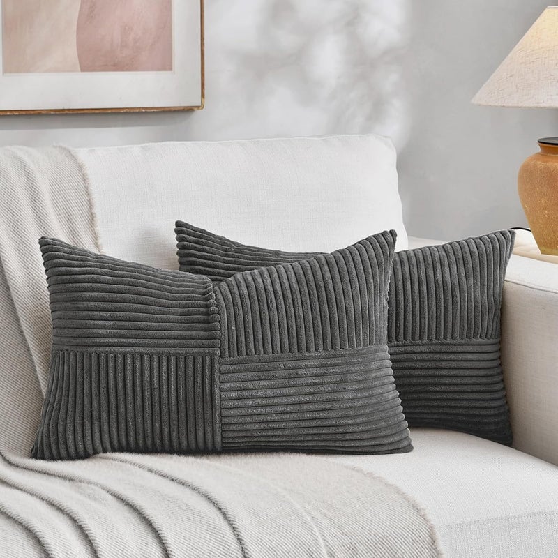 Fancy Homi غطاءان وسائد زخرفية من فانسي هومي بطبعة ريفية بوهيمية باللون الترابي مقاس 18x18 بوصة للأريكة والسرير والأسرة، ديكور منزل ريفي خريفي، غطاء وسادة ناعم من قماش الكوردوروي المزخرف بتقنية الترقيع والملمس المحبب مقاس 45x45 سم - Image 1