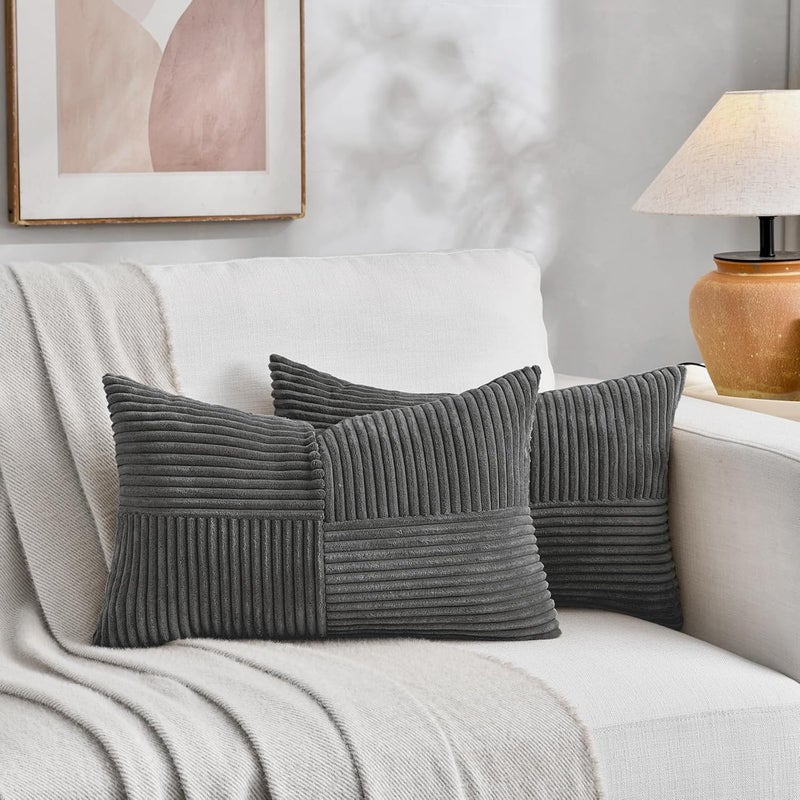 Fancy Homi غطاءان وسائد زخرفية من فانسي هومي بطبعة ريفية بوهيمية باللون الترابي مقاس 18x18 بوصة للأريكة والسرير والأسرة، ديكور منزل ريفي خريفي، غطاء وسادة ناعم من قماش الكوردوروي المزخرف بتقنية الترقيع والملمس المحبب مقاس 45x45 سم - Image 5