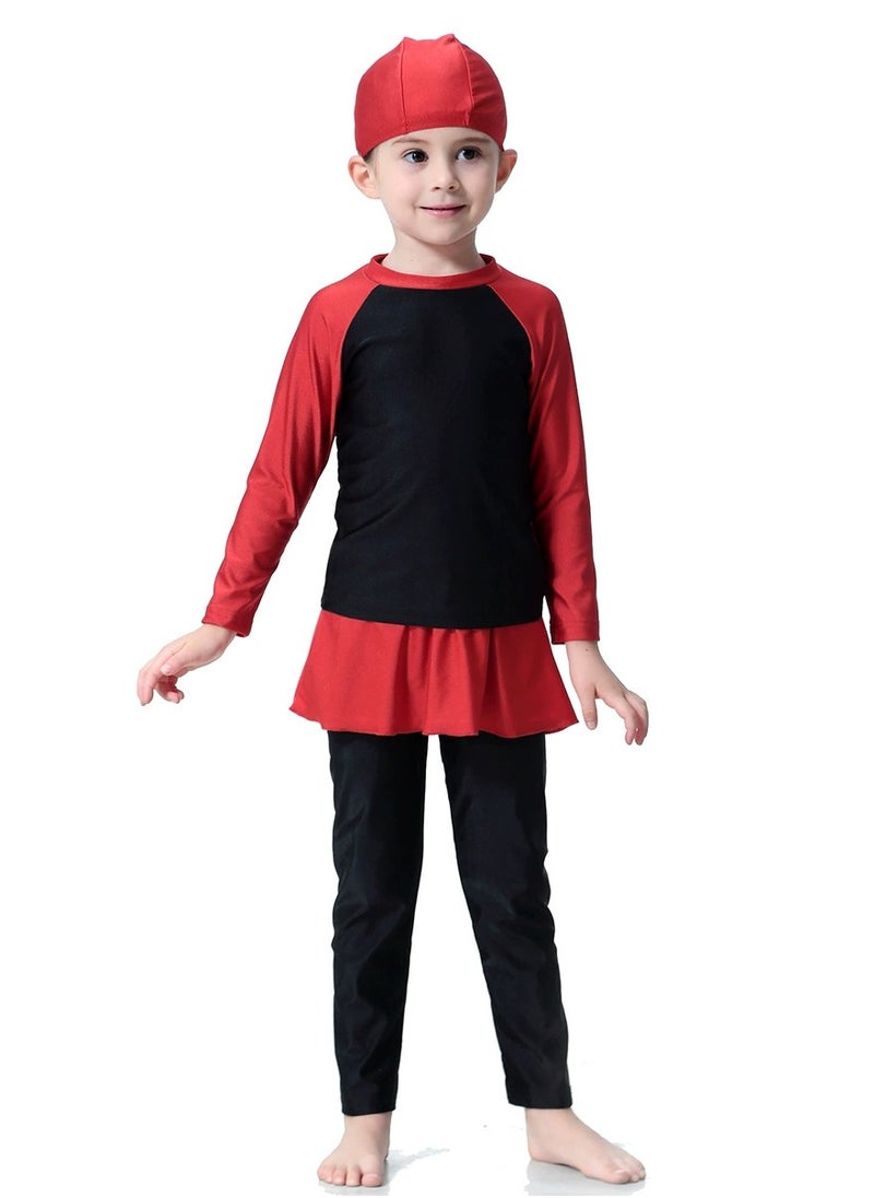 Loquat - 3-Piece Girls Fast Dry Round Neck Muslim Conservative Islamic Swimwear Burkinis  Split Swimsuit Swimwear With Cap Set Black/Red - Image 1