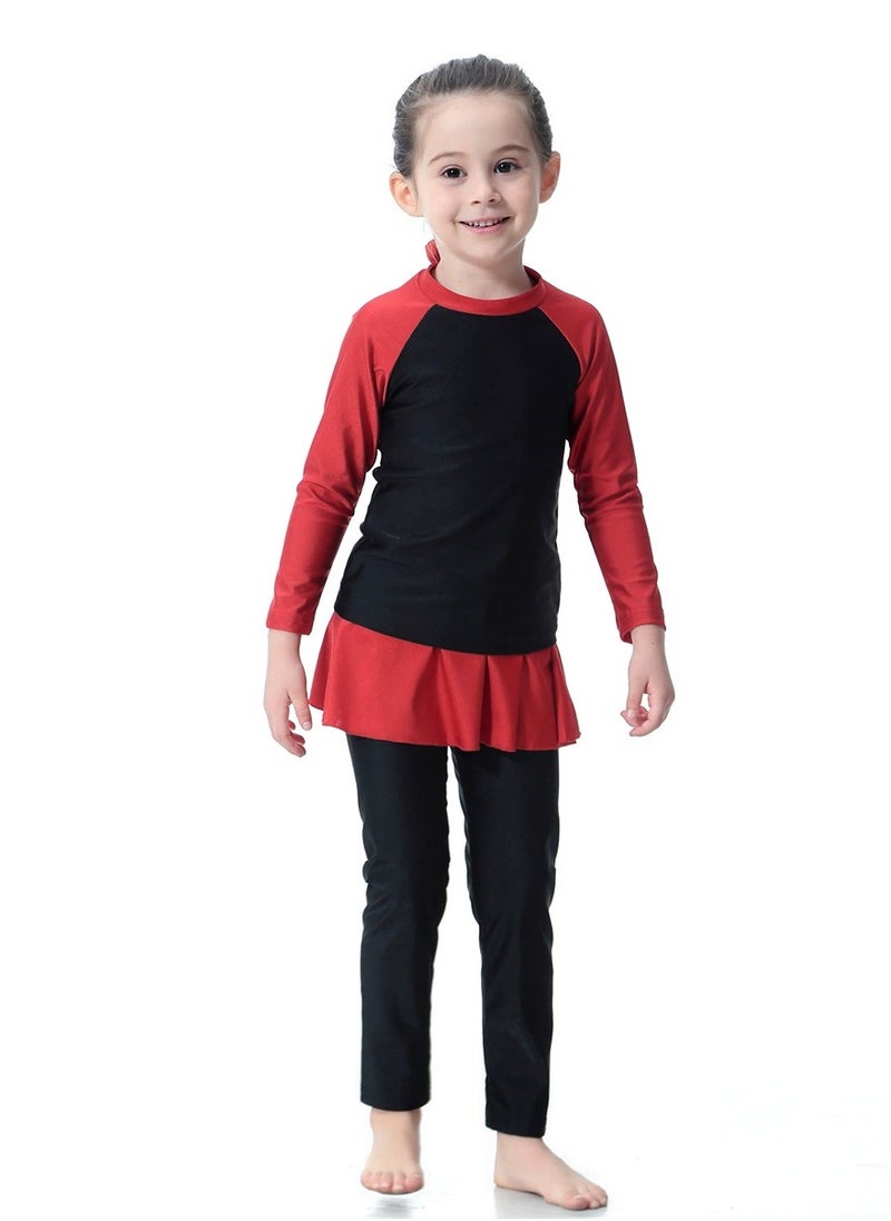 Loquat - 3-Piece Girls Fast Dry Round Neck Muslim Conservative Islamic Swimwear Burkinis  Split Swimsuit Swimwear With Cap Set Black/Red - Image 1