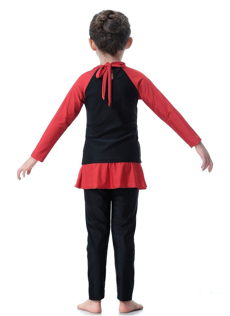 Loquat - 3-Piece Girls Fast Dry Round Neck Muslim Conservative Islamic Swimwear Burkinis  Split Swimsuit Swimwear With Cap Set Black/Red - Image 1