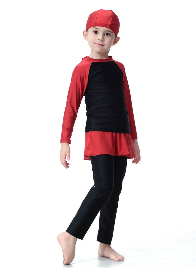 Loquat - 3-Piece Girls Fast Dry Round Neck Muslim Conservative Islamic Swimwear Burkinis  Split Swimsuit Swimwear With Cap Set Black/Red - Image 1