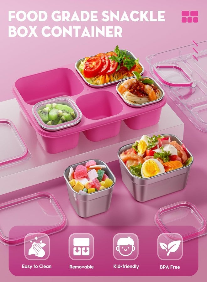 BiuLeon Snackle Box Containers, Stainless Steel 5 Compartments Divided Serving Tray with Lid, Removable LeakProof Portable Bento Box for Fruit Candy Nuts Food - School, Picnic and Travel（Pink） - Image 3
