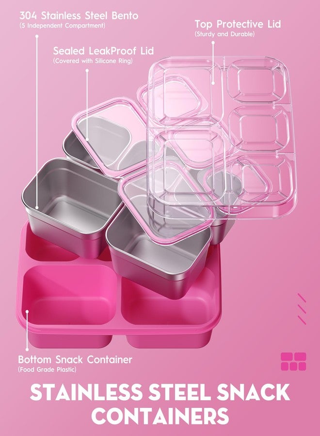 BiuLeon Snackle Box Containers, Stainless Steel 5 Compartments Divided Serving Tray with Lid, Removable LeakProof Portable Bento Box for Fruit Candy Nuts Food - School, Picnic and Travel（Pink） - Image 5