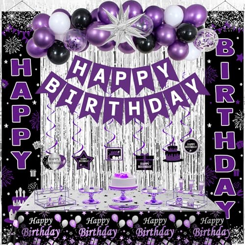 Distasio Black and Purple Birthday Decorations for Women Girls Happy Birthday Decorations Purple and Silver Party Decoration Happy Bday Banner Balloons Tablecover Fringe Curtain Door Banner Bday Party Decor - Image 1