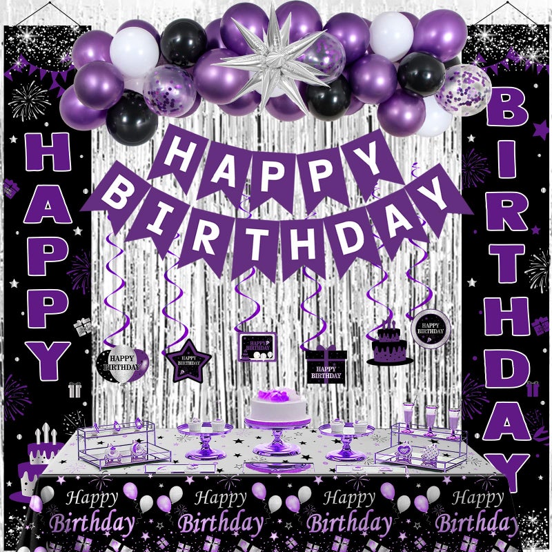 Distasio Black and Purple Birthday Decorations for Women Girls Happy Birthday Decorations Purple and Silver Party Decoration Happy Bday Banner Balloons Tablecover Fringe Curtain Door Banner Bday Party Decor - Image 2
