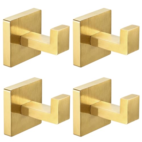 IBosins 4 Pack Towel Hooks Hand Towel Holder for Bathroom Wall Livingroom Bedroom Kitchen Closet Heavy Duty Stainless Steel Hook Hanger for Robe Bath Towel Coat Square Brushed Gold - Image 1