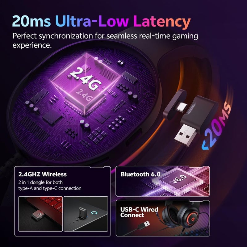 كيو سي واي سماعة رأس الألعاب QCY V200 للكمبيوتر الشخصي، PS5، PS4، Switch، سماعات ألعاب لاسلكية 2.4 جيجاهرتز مع ميكروفون عازل للضوضاء قابل للفصل، صوت محيطي 7.1، بطارية 240 ساعة، وسائد مريحة، USB-C، بلوتوث 6.0 - Image 3