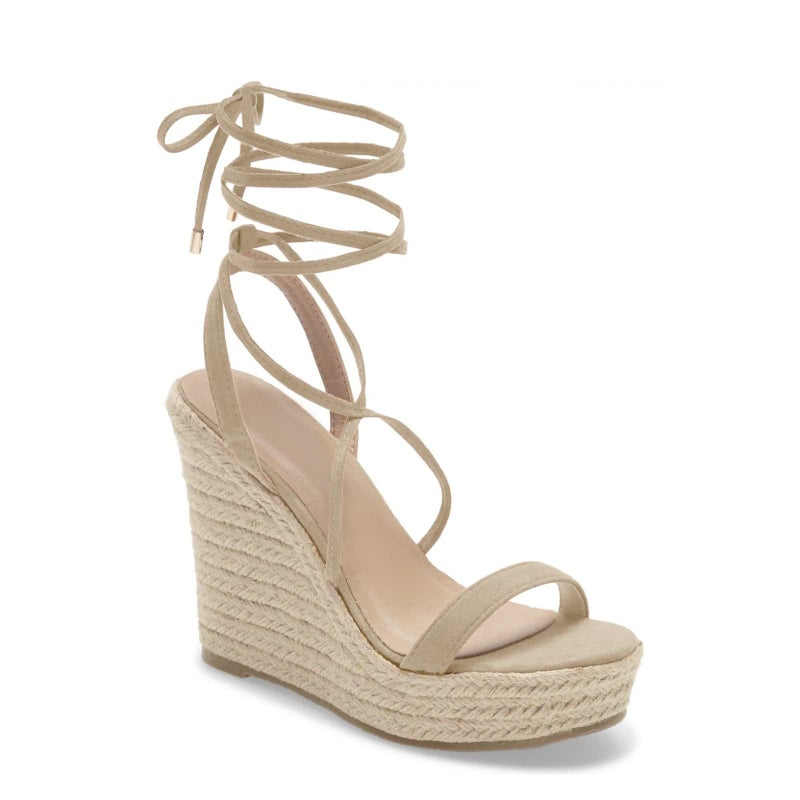 Coutgo Womens Lace Up Wedge Sandals Espadrille Slingback Ankle Cross Strap Platform Suede Open Toe Summer Dress Heeled Shoes - Image 1
