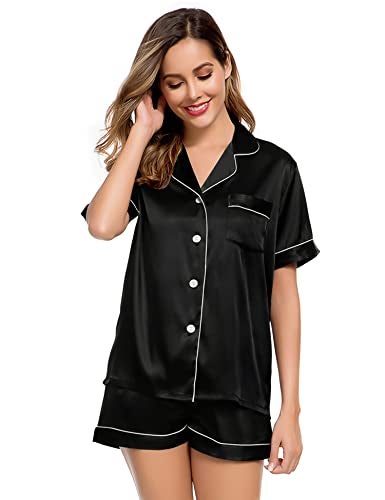 LecGee Womens Silk Satin Pajamas Short Sleeve Loungewear Two-Piece Sleepwear Button-Down Pj Set - Image 2