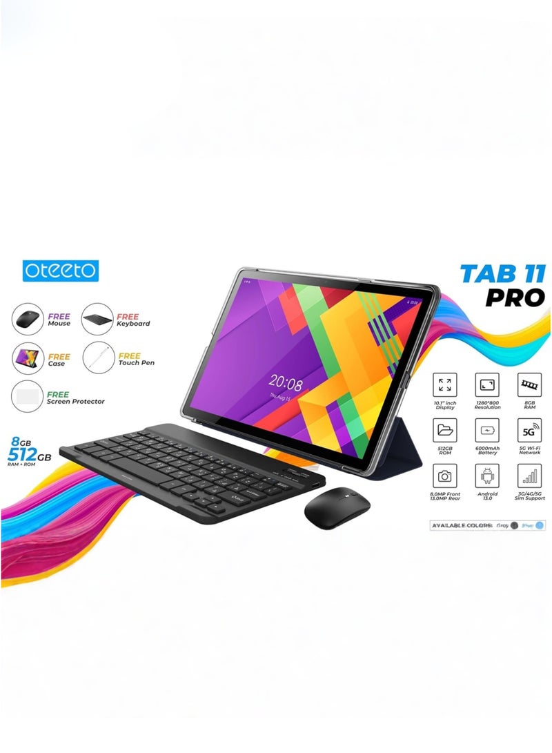 Oteeto Tab 11 Pro 5G Android 13 Tablet – 10.1 Inch IPS LCD Display, 8GB RAM + 512GB ROM, Octa-Core 1.3GHz Processor, 13MP Rear + 8MP Front Camera, 6000mAh Battery, Wi-Fi, Bluetooth, Keyboard, Touch Pen & Mouse Included – Gray - Image 3