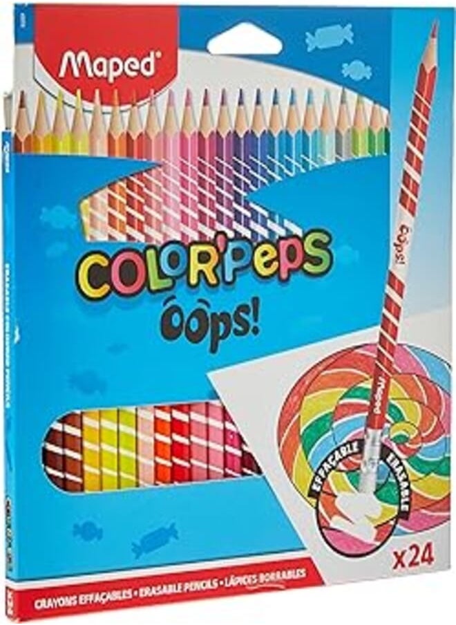 Maped Maped Colour Oops Color'Peps-24 Colouring Pencils with Triangular Ergonomic Eraser Tip - Pack of 24 Erasable Resin Pencils, 832812 