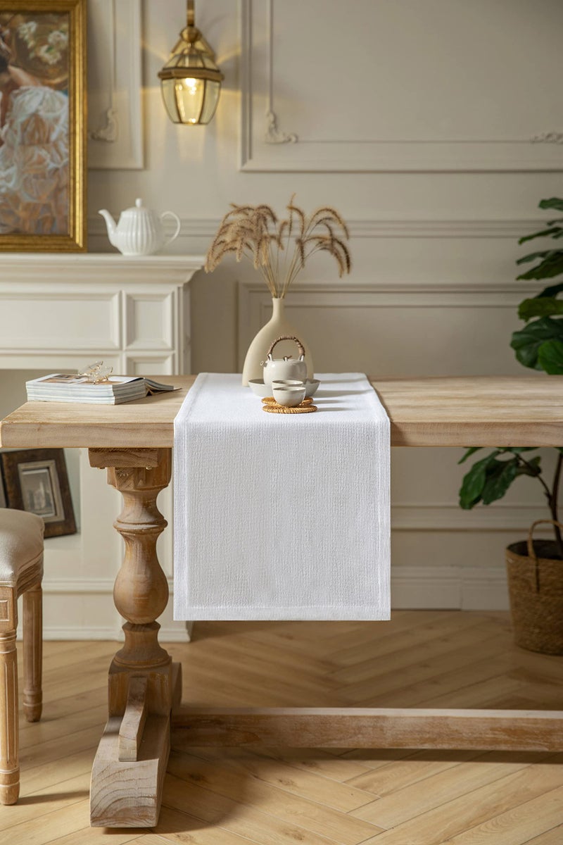 ZeeMart Burlap Style Farmhouse Table Runners 36 Inches Long  White Rustic Woven Dining Table Runner for Everyday Use  14x36 Inches  White - Image 1