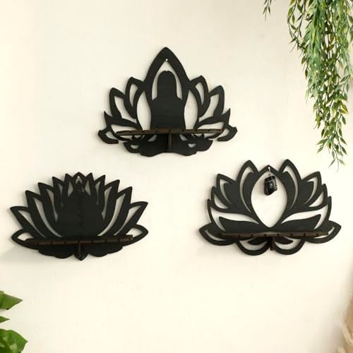 Artilady Lotus Flower Crystal Shelf 3 Pack Floating Shelves for Wall Bedroom Decor Black Cute Display Shelf Yoga Decor for Crystals and Stones Aesthetic Boho Room Decorations Witchy Gift for Wome - Image 3