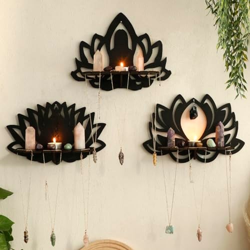Artilady Lotus Flower Crystal Shelf 3 Pack Floating Shelves for Wall Bedroom Decor Black Cute Display Shelf Yoga Decor for Crystals and Stones Aesthetic Boho Room Decorations Witchy Gift for Wome - Image 1
