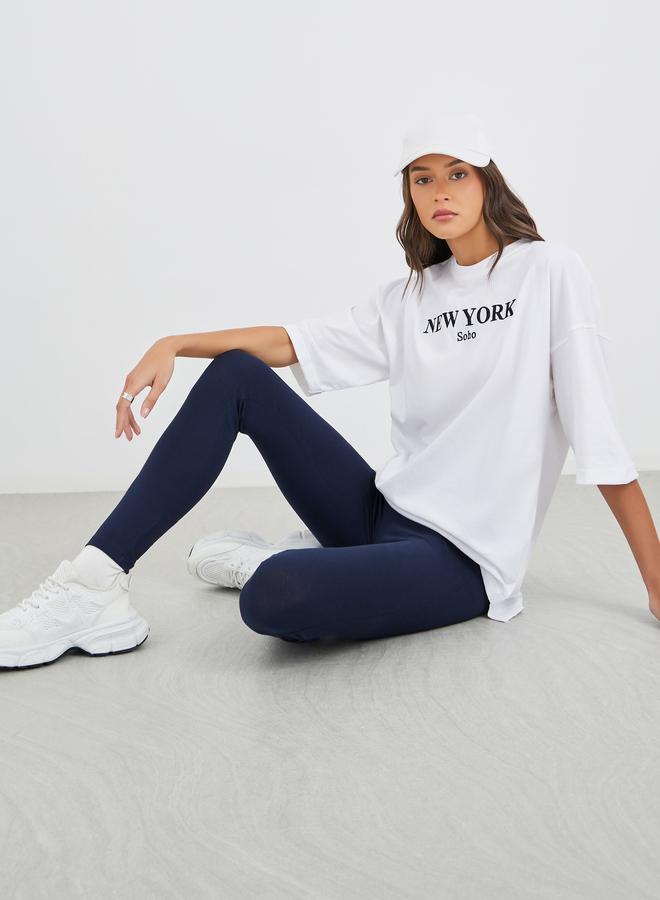 Styli Styli Text Embroidered Oversized T-Shirt and Badge Detail Leggings Co-Ords  - Image 1