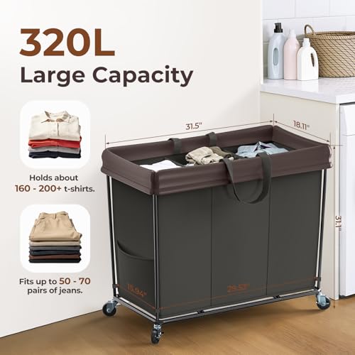 Mefirt 320L Laundry Hamper with Wheels, 3 Section Large Rolling Laundry Basket Bag with Wheels, Clothes Hamper Cart for Laundry, Bedroom, Bathroom and Dorm - Image 2