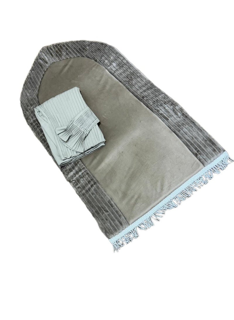 Women's prayer set: striped padded foam prayer mat with attached prayer shawl and pleated hijab. - Image 1