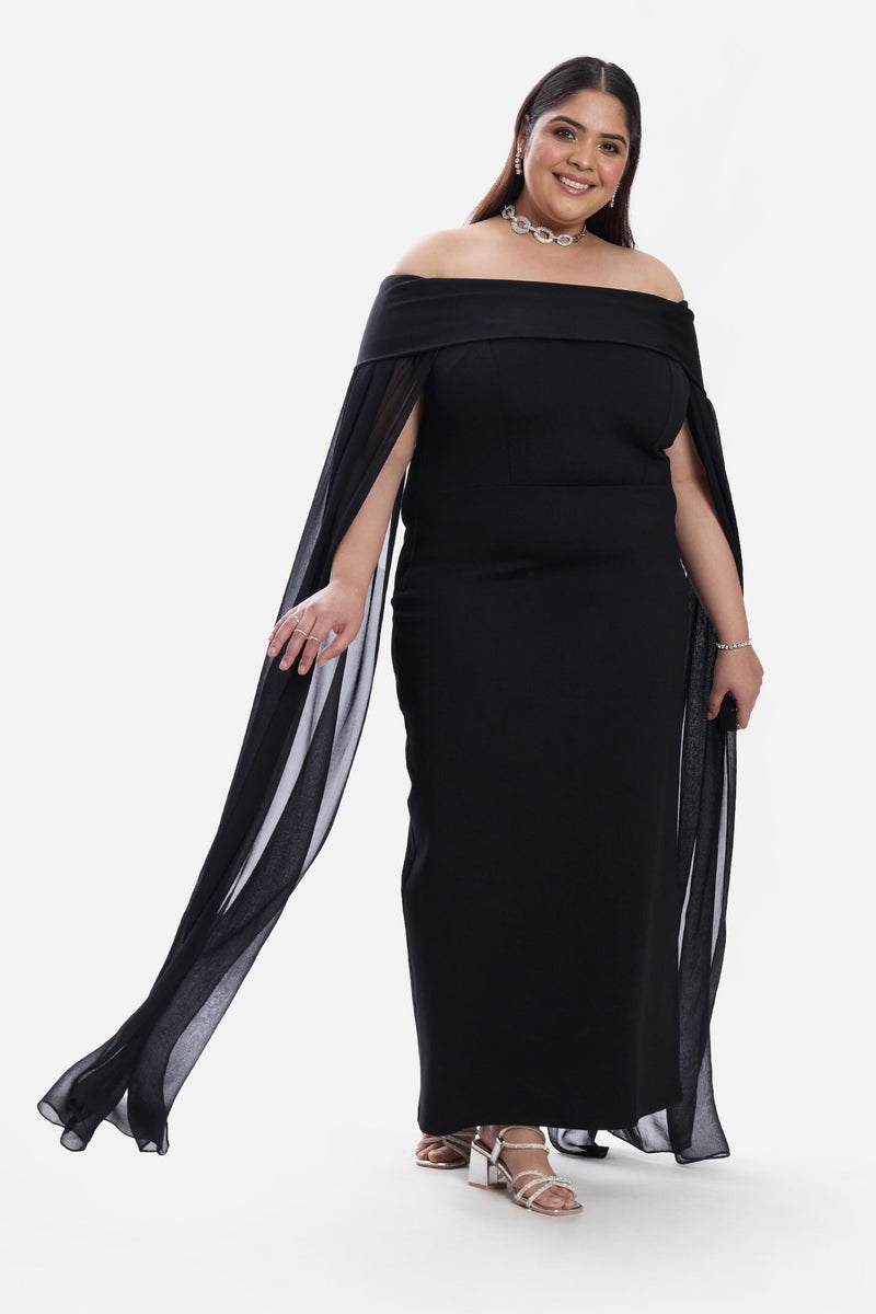 Virgio Solid Ponte Off Shoulder Bodycon Cape Plus Size Dress for Women - Image 4