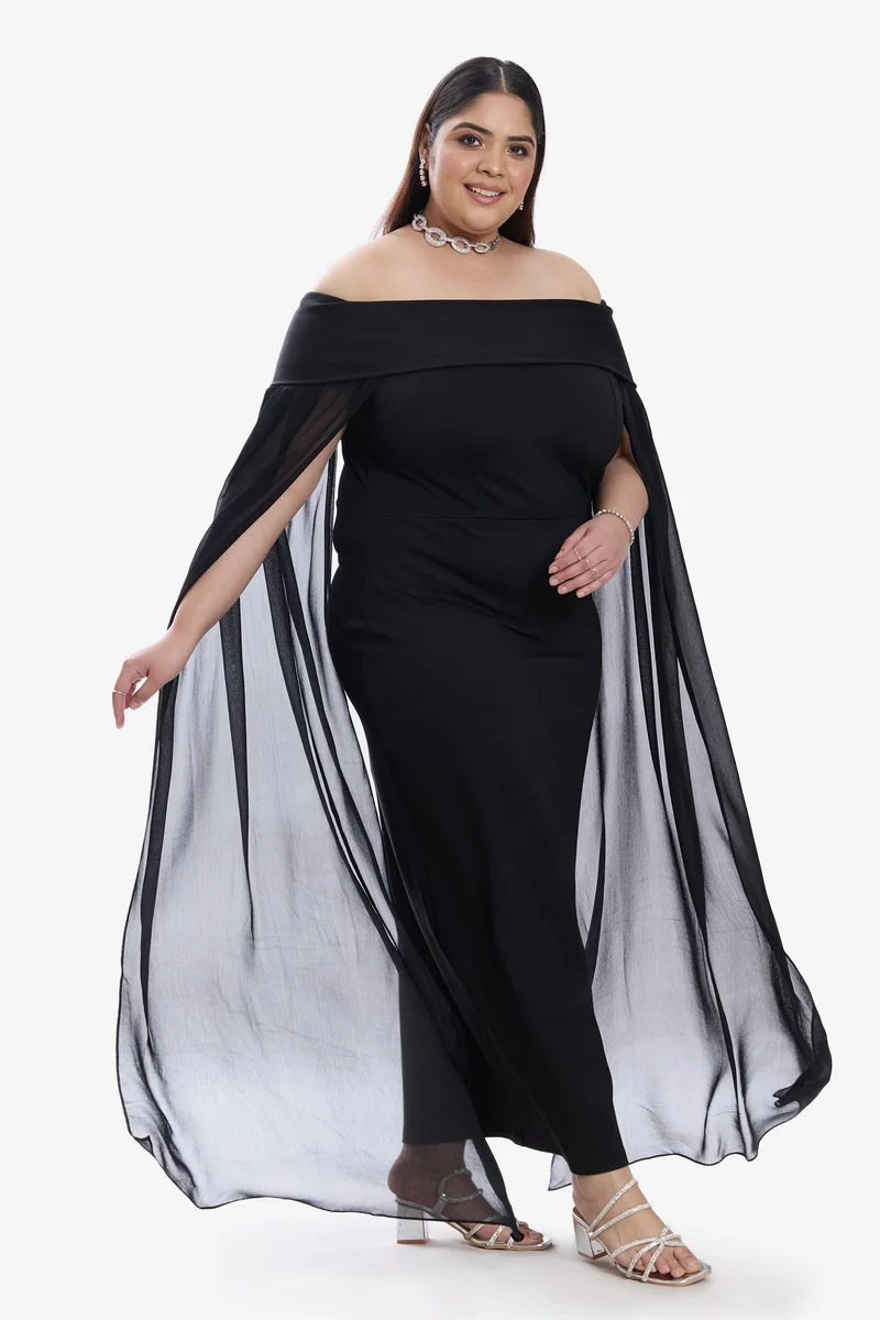 فيرجيو Solid Ponte Off Shoulder Bodycon Cape Plus Size Dress for Women
