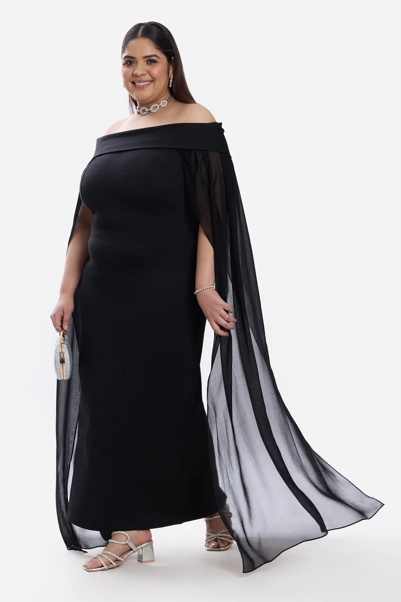 فيرجيو Solid Ponte Off Shoulder Bodycon Cape Plus Size Dress for Women