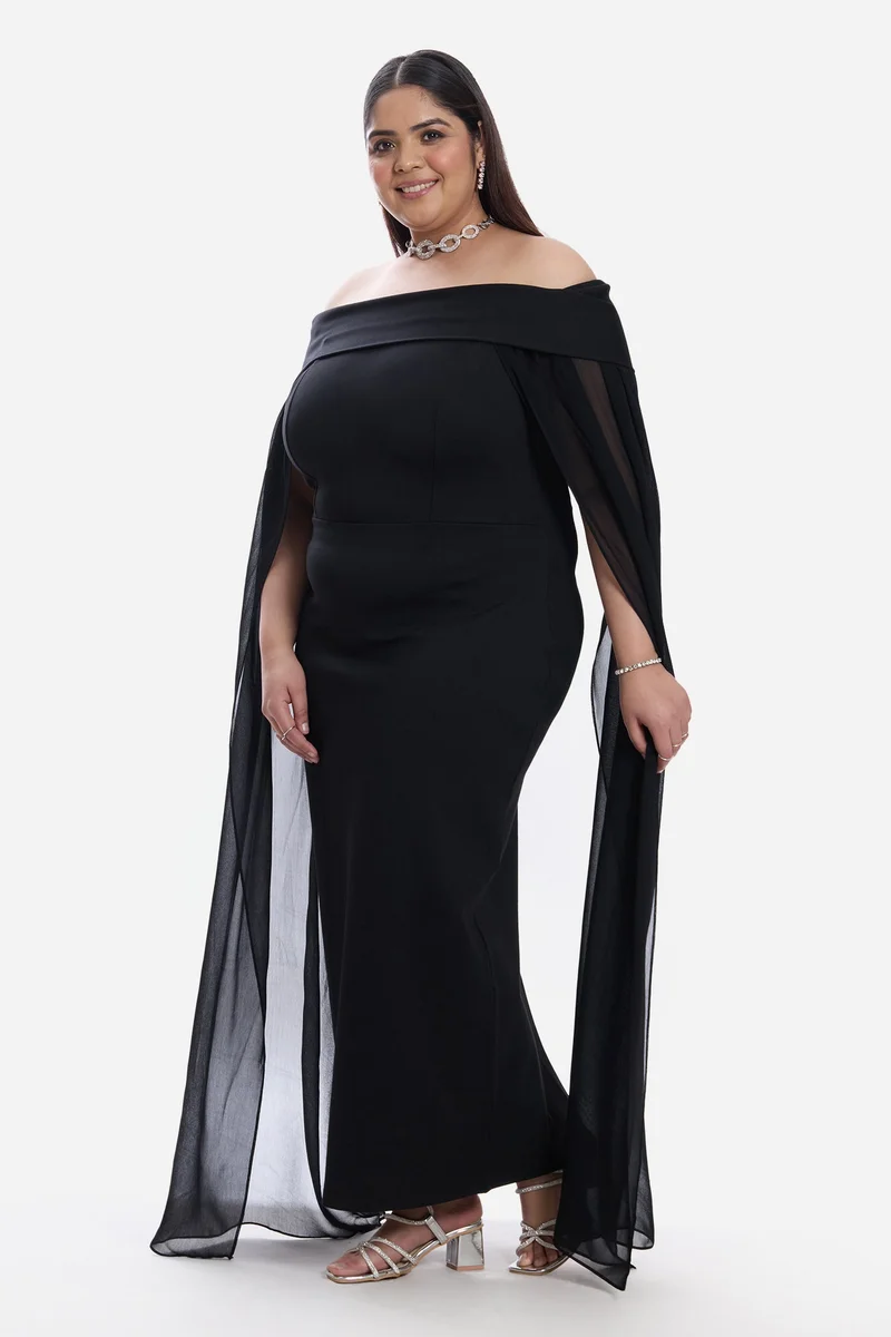 Virgio  Solid Ponte Off Shoulder Bodycon Cape Plus Size Dress for Women for Women | Best Price UAE