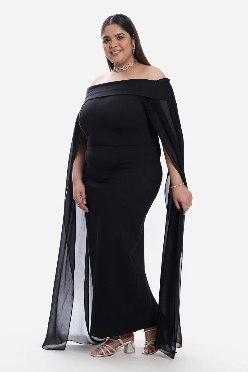 Virgio Solid Ponte Off Shoulder Bodycon Cape Plus Size Dress for Women - Image 3