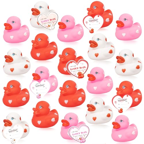 kockuu 20pcs Rubber Ducks with Cards Gift Valentines Day Party Favors Small 236 Assorted Pink Red White Squeaky Duckies in Bulk with Love Heart Cards Treats Giveaways for Kids Cupcake Topper - Image 1