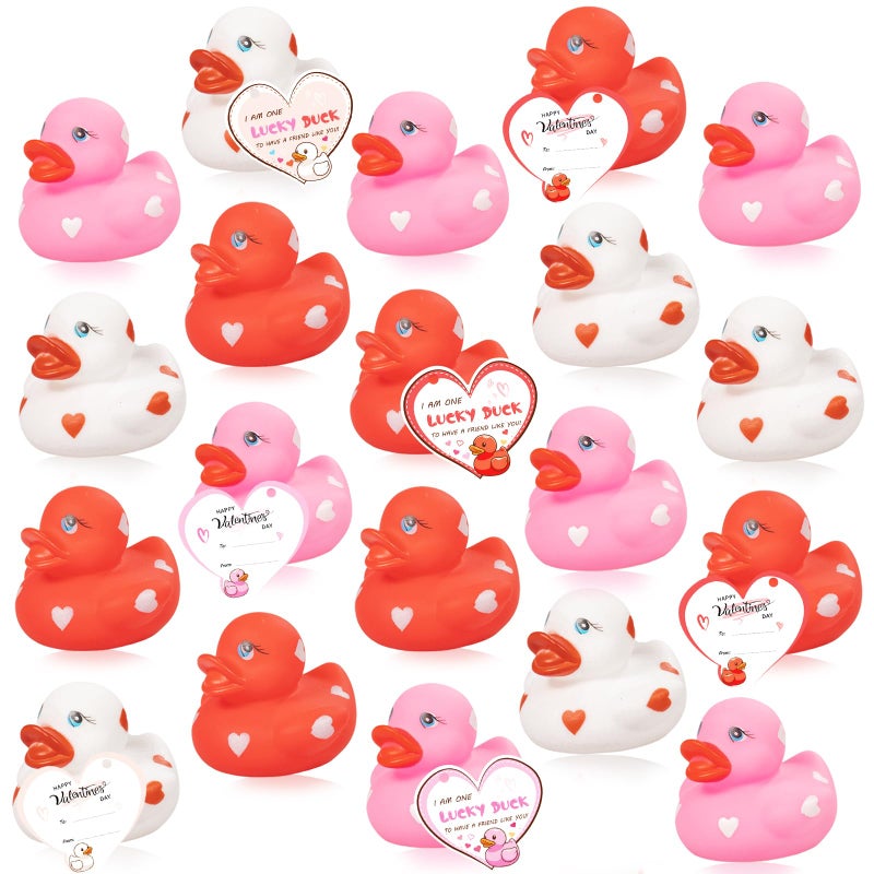 kockuu 20pcs Rubber Ducks with Cards Gift Valentines Day Party Favors Small 236 Assorted Pink Red White Squeaky Duckies in Bulk with Love Heart Cards Treats Giveaways for Kids Cupcake Topper - Image 2