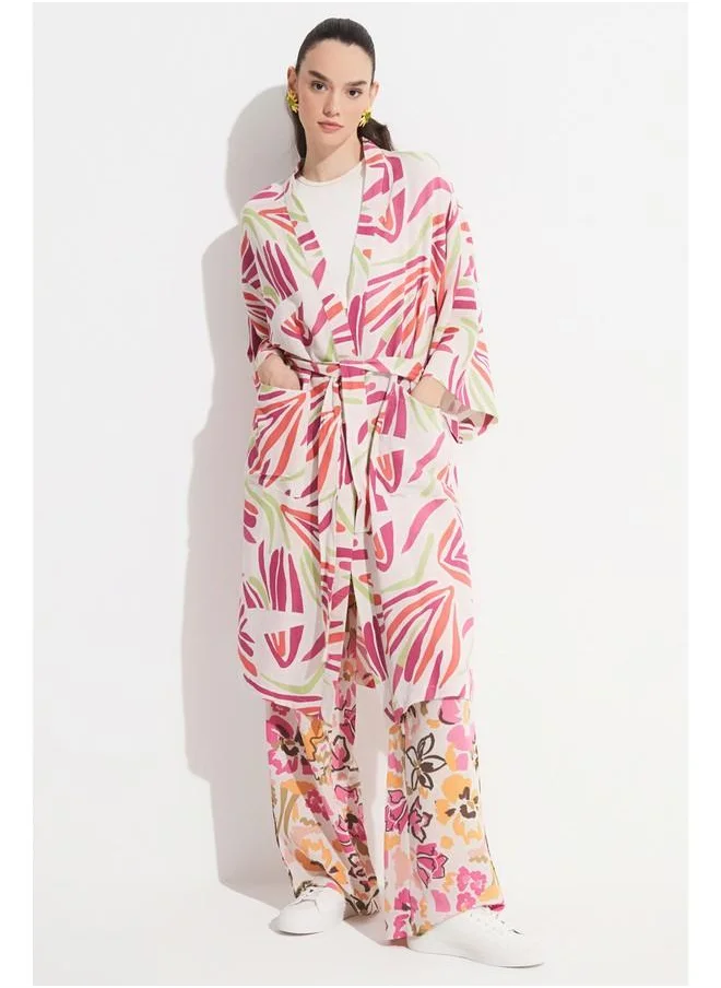 جون June Women Exclusive Patterned Linen Blend Woven Kimono&Kaftan Fuchsia