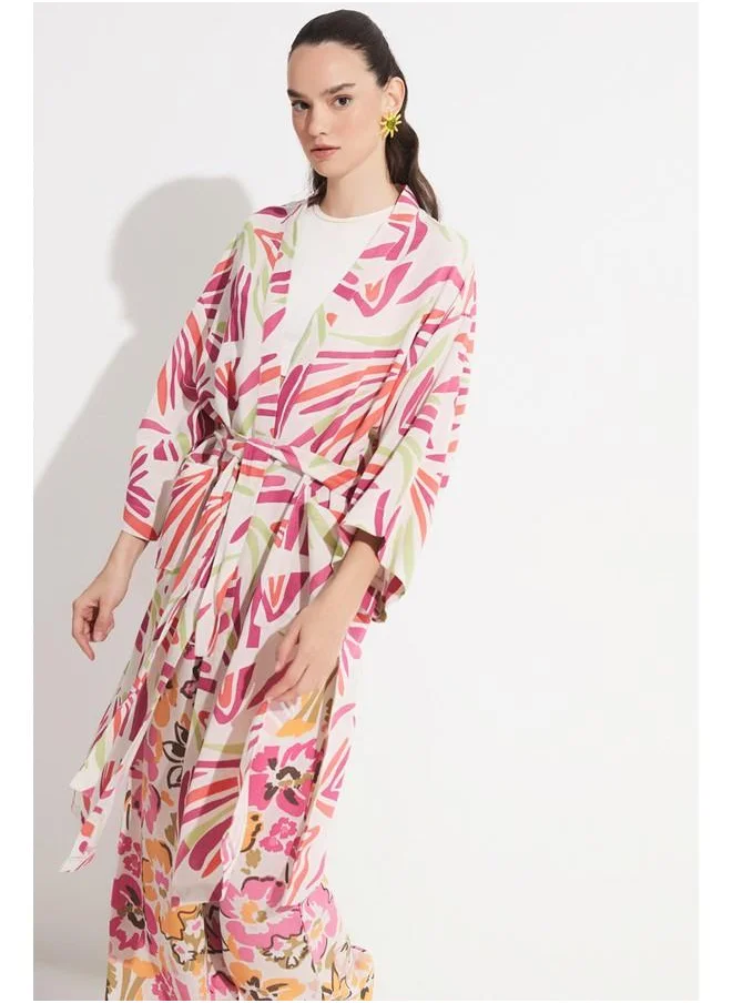 جون June Women Exclusive Patterned Linen Blend Woven Kimono&Kaftan Fuchsia