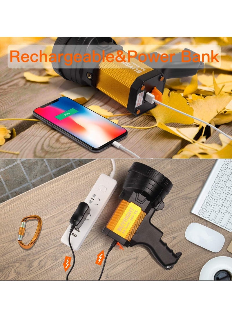Rechargeable Spotlight, Spot Lights Handheld 1000,000 lumens Large Flashlight Handheld Spotlight Lightweight and Super Bright Flashlight (Aluminium Alloy Golden) - Image 3
