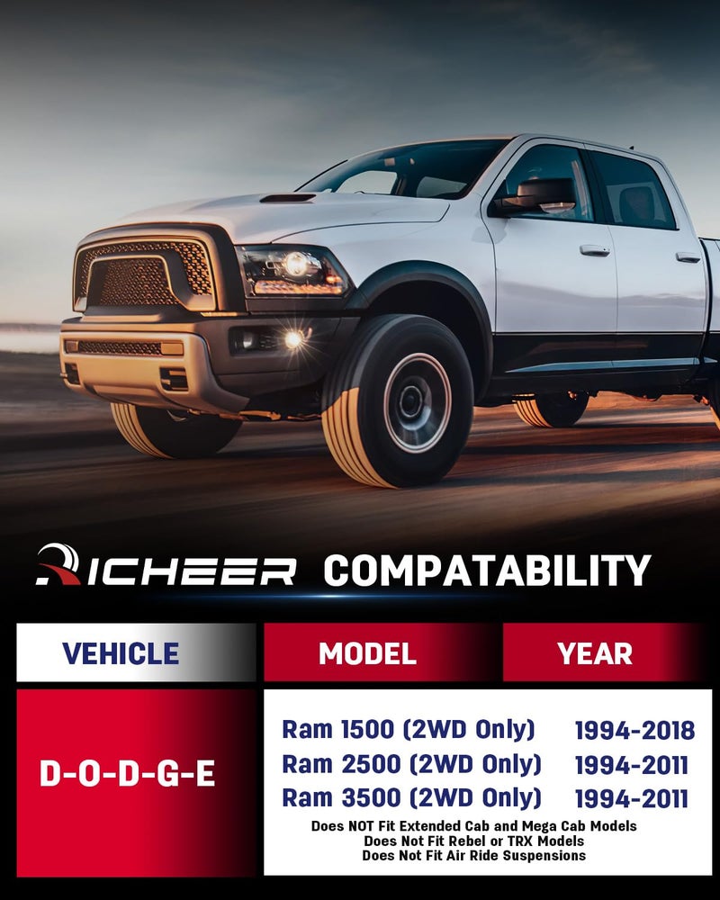 Richeer 2'' Front Leveling Lift Kit for 1994-2018 Ram 1500 2WD, 1994-2011 2500 3500 2WD, Compatible with Ram 1500 2500 3500 2WD Forged Strut Spacers Raise your Car by 2'' - Image 2