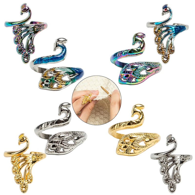 ZESION 8 Adjustable Peacock Crochet Rings Knitting Rings Wool Guide Finger Holder for Quilting Sewing Crafts DIY Hand Knitting Tools