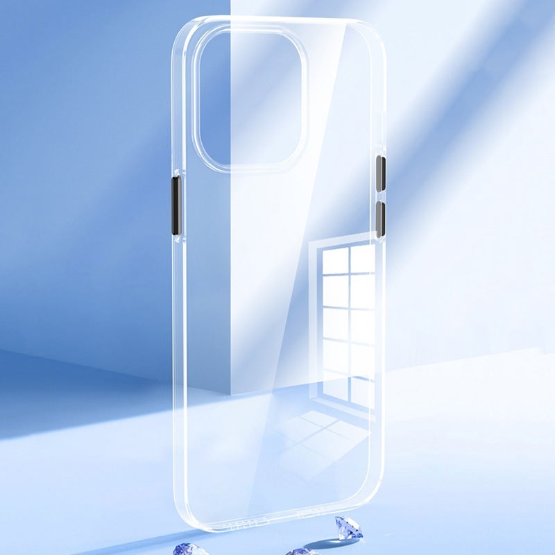 HuHa Protective Cover For iPhone 14 Plus Transparent PC Metal Button Phone Case (Transparent Black) - Image 3