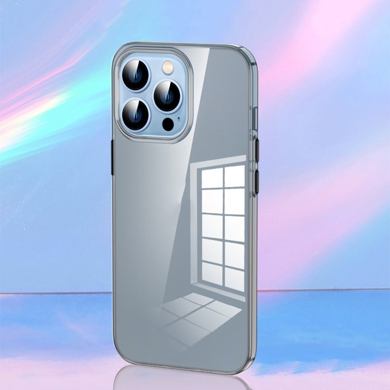 HuHa Protective Cover For iPhone 14 Plus Transparent PC Metal Button Phone Case (Transparent Black) - Image 2