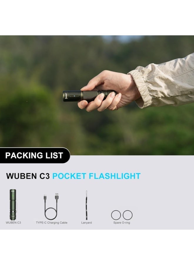 WUBEN C3 Flashlight Rechargeable 1200 Lumen LED Rechargeable Torch Light 6 Modes, Tactical Flashlight Water Resistant, Best for Camping, Outdoor, Emergency, Easy Carry, Tool Gifts for Men (Army Green) - Image 2
