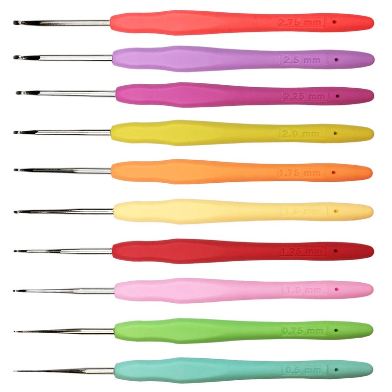 Set of 10 Small Size Crochet Hook Set Ergonomic Handle Crochet Hook Needles for Arthritic Hands Thread Crochet Steel Lace Hooks Size 05mm to 275mm