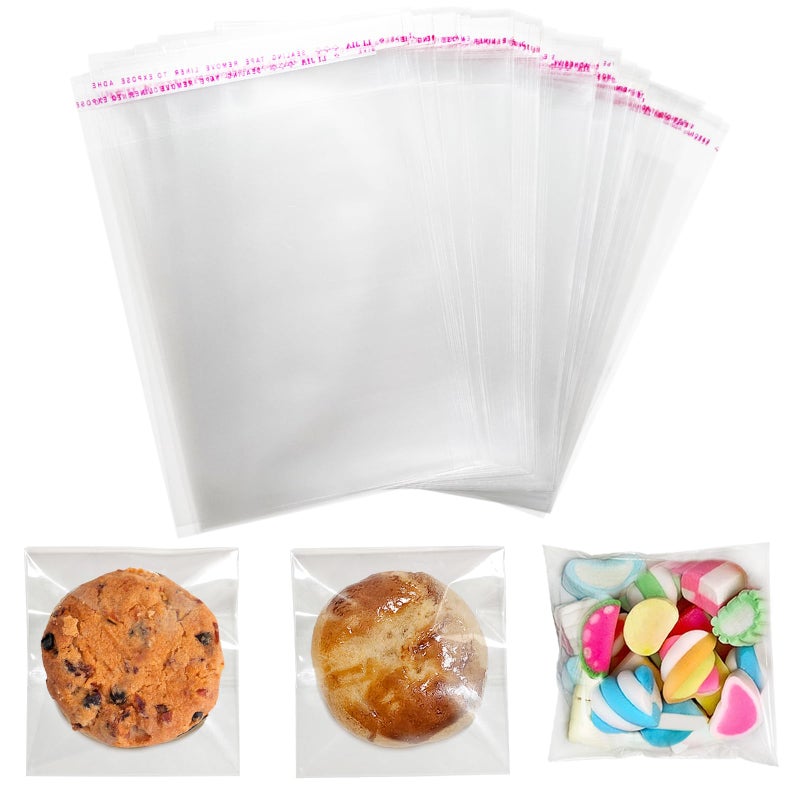 QOIUSO 200Pcs Clear Cookie Bags with Seal: 4x4 Inches Clear Resealable Individual Cellophane Bags for Packaging Cookie Candy Treat Goodie and Favors, Self Adhesive Wrappers - Image 1