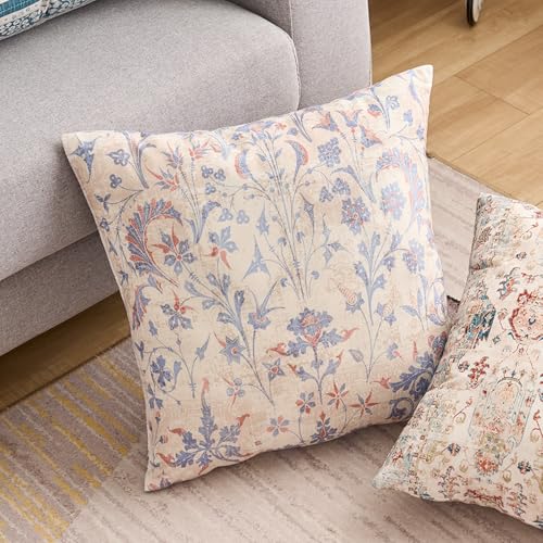 BUAEL Boho Floral Throw Pillow Covers 20x20 inch Set of 2,Cream Boho Rug Geometric Floral Pattern Decor Double Sided Pattern Cushion Cover Soft Pillow Case Living Sofa Room Bed Square Pillow Cover - Image 5